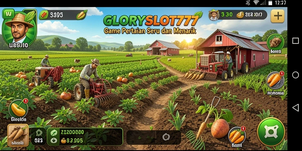 Tangkapan layar gameplay <strong>GLORYSLOT777</strong> menunjukkan suasana bertani yang ceria dan interaktif.
