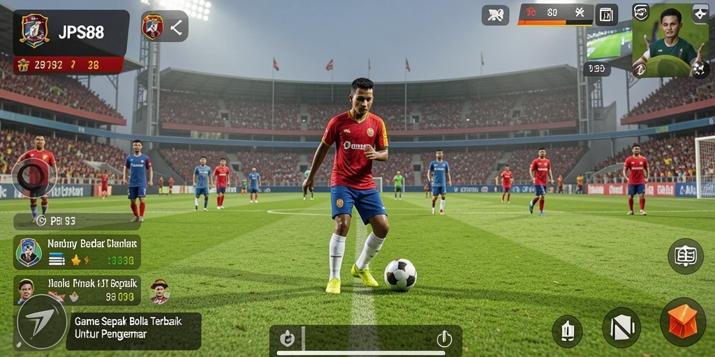 Tampilan gameplay seru dengan pertandingan sepak bola yang mendebarkan.
