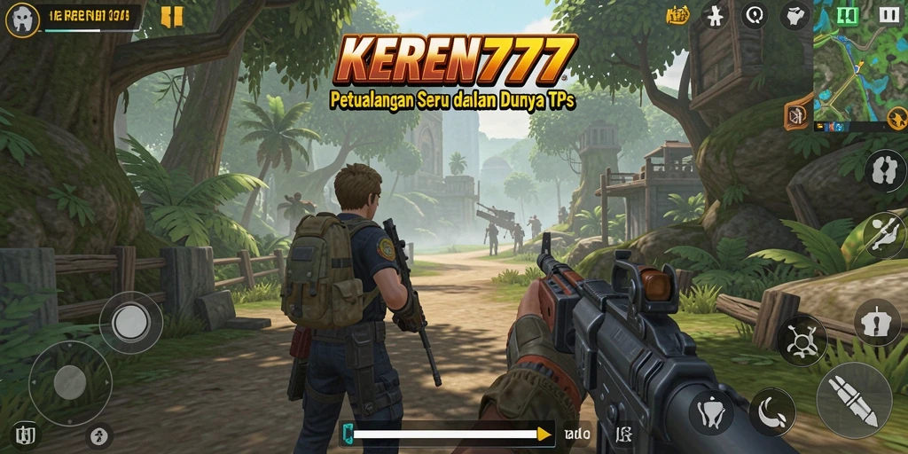 Screenshot KEREN777 menampilkan aksi pertempuran dinamis dalam gameplay TPS.