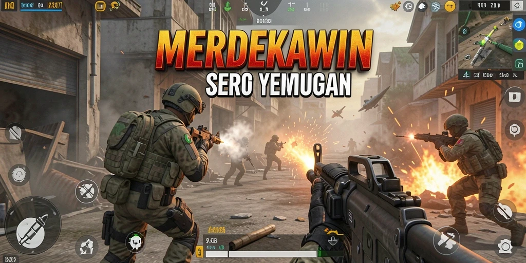 Screenshot utama MERDEKAWIN menampilkan aksi pertempuran FPS yang mendebarkan.
