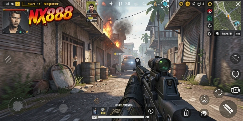 Screenshot gameplay NX888 menampilkan aksi tembak menembak yang intens.
