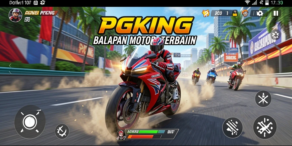 Screenshot PGKING menampilkan balapan motor yang mendebarkan dengan grafik tinggi.