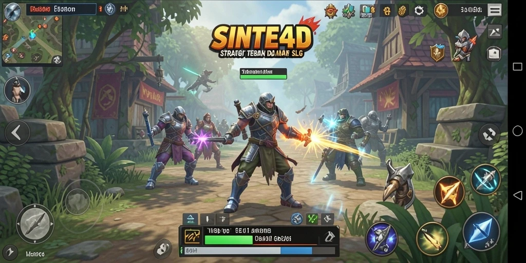 Tangkapan layar gameplay SINTE4D menampilkan pertarungan epik dan pembangunan strategis.
